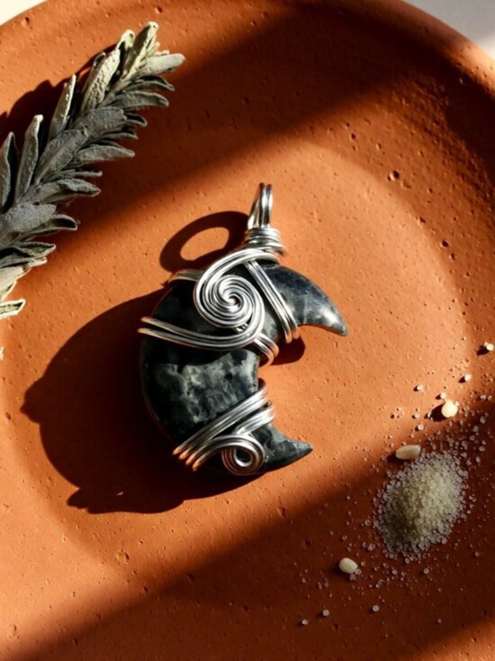 Larvikite Moon Pendant! Wire Wrapped in Silver Jewelry Wire - Gray Silver Black!